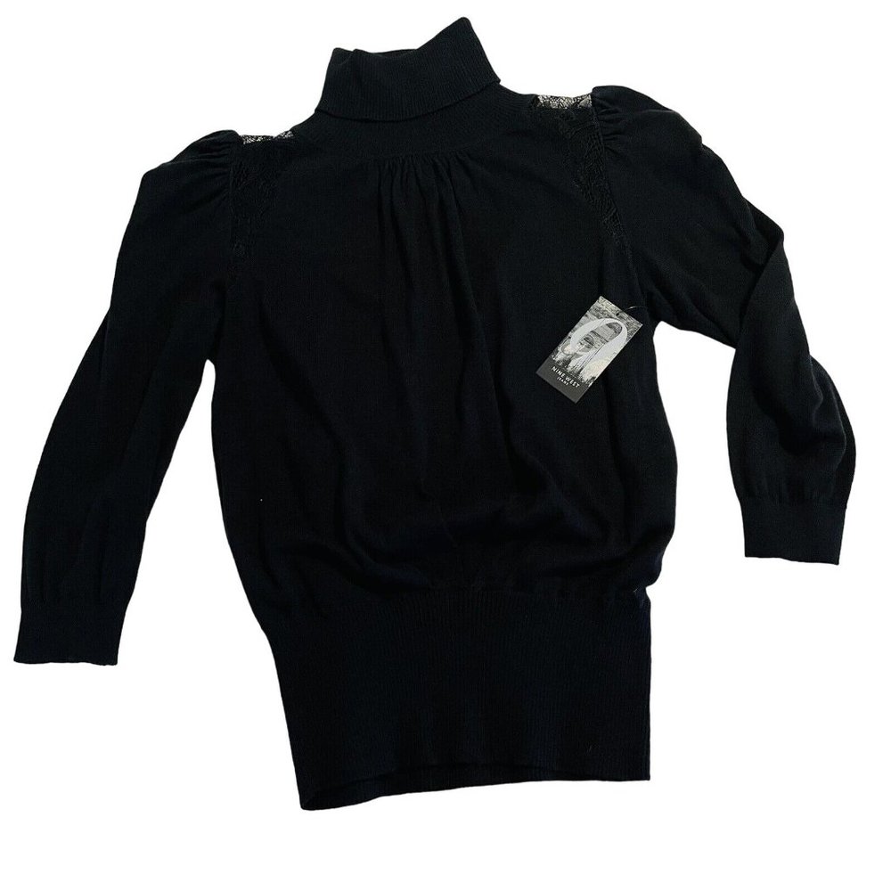 Nine West Womens Black Turtle Neck balloon Lace Shoulder Knit Sweater Size Small